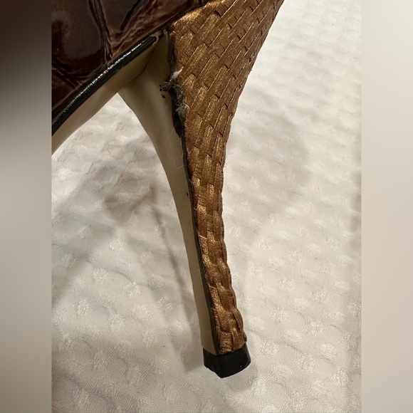 Sergio Zelcer Brown Alligator Peep Toe 4” Platform Heels~Woven Bottoms~Handmade - Picture 12 of 16